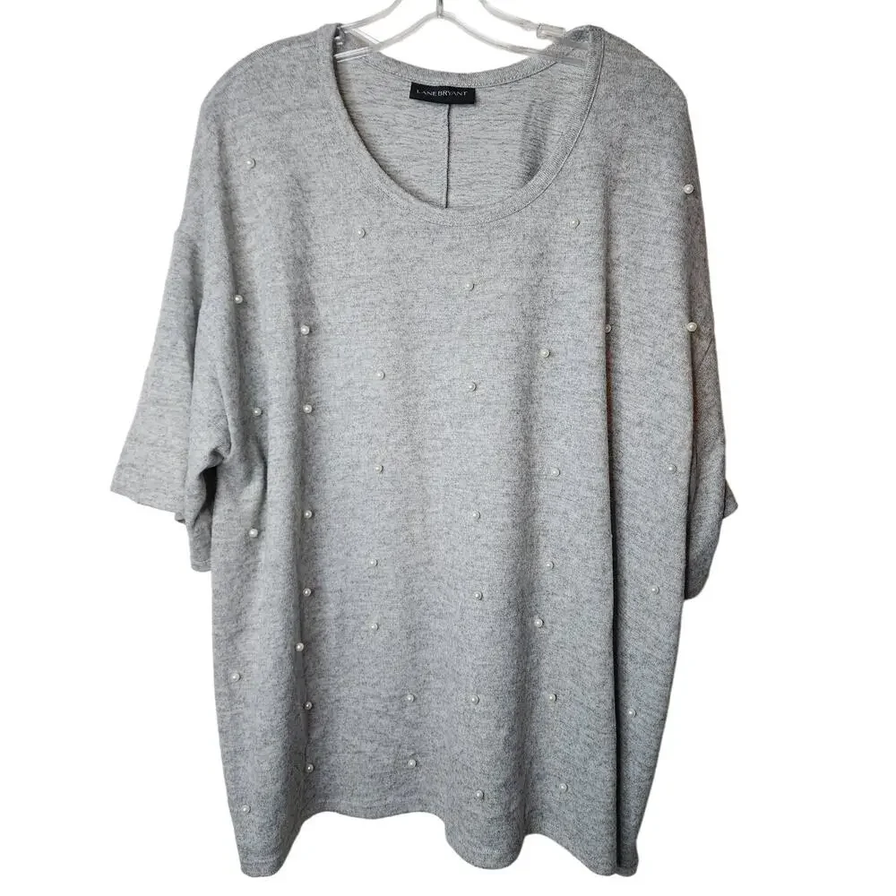 Lane Bryant Heather Gray Short Sleeve Sweater with Pearls